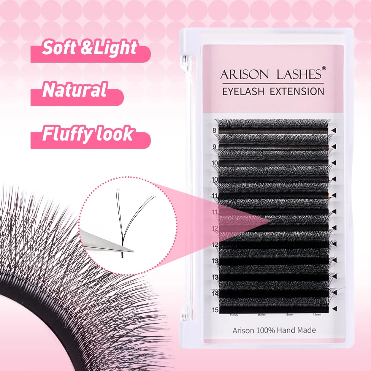 5D W Shape Eyelash Extension Natural Soft Volume 0.07mm C Curl 8-15mm Mix Premade Fans Faux Mink Matte Black Cluster 12 rows