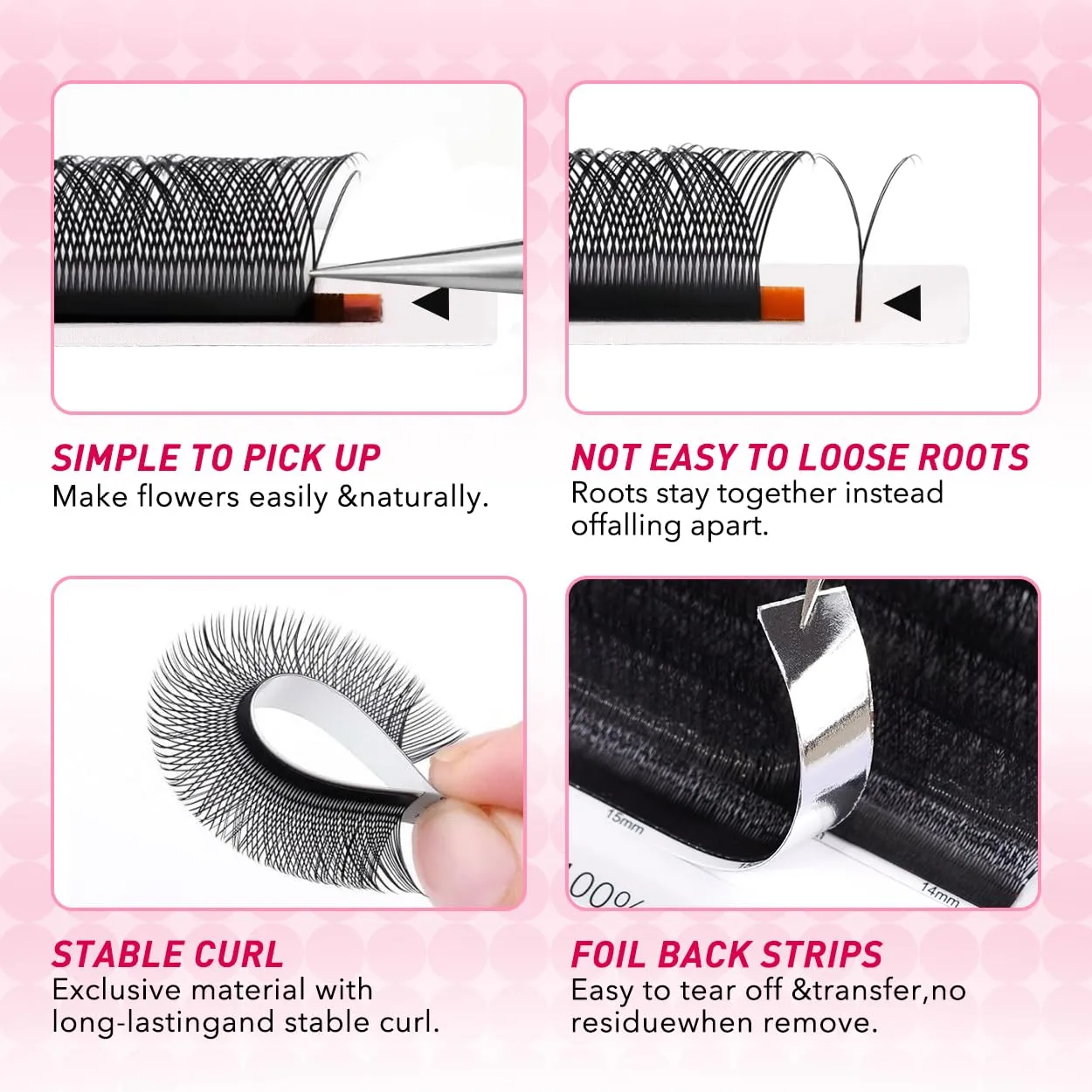 5D W Shape Eyelash Extension Natural Soft Volume 0.07mm C Curl 8-15mm Mix Premade Fans Faux Mink Matte Black Cluster 12 rows
