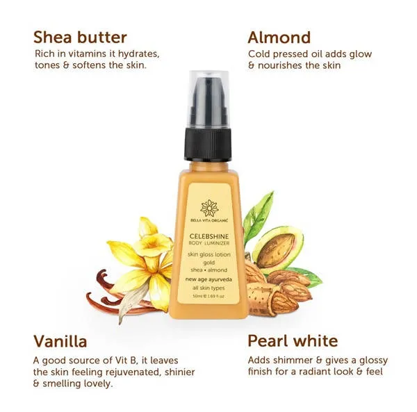 Bella Vita Organic Celeb Shine Body Luminizing Shimmer skin Gloss Lotion Gold Shea Butter Almond