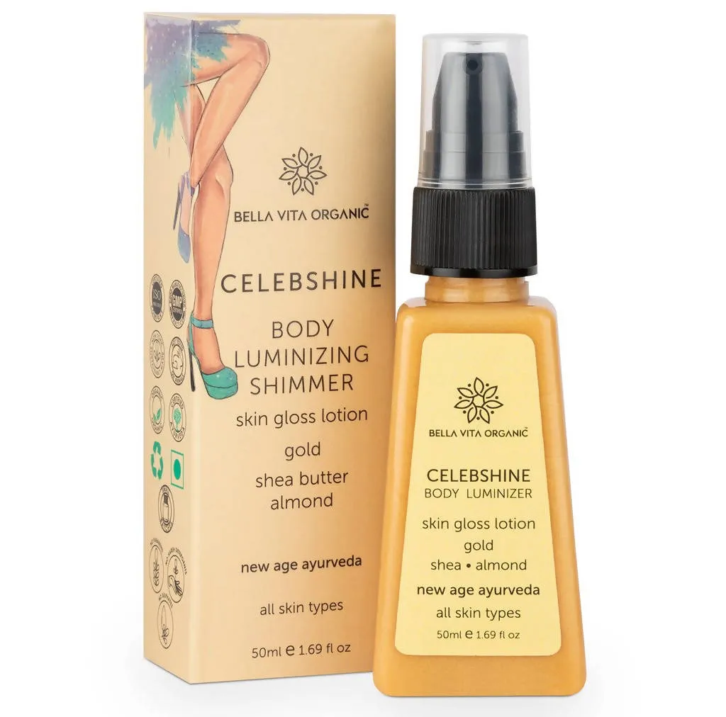 Bella Vita Organic Celeb Shine Body Luminizing Shimmer skin Gloss Lotion Gold Shea Butter Almond