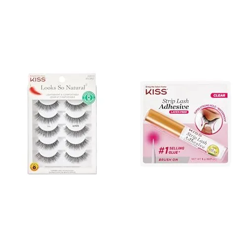 Bundle of KISS Looks So Natural, False Eyelashes, Shy', 12 mm, Includes 5 Pairs Of Lashes, Contact Lens Friendly, KISS Strip Lash Adhesive, Lash Glue, 24hr Strip Eyelash Adhesive, Clear,